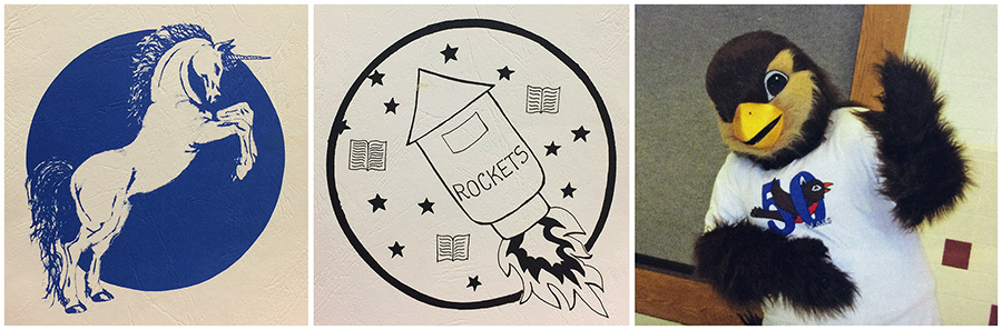 Images of three Rolling Valley mascots. On the left is an illustration of a unicorn that appeared on a yearbook cover. In the center is an illustration of a rocket in flight, also from a yearbook cover. On the right is a yearbook photograph of the Rockin' Robin mascot from our 50th anniversary celebration. 